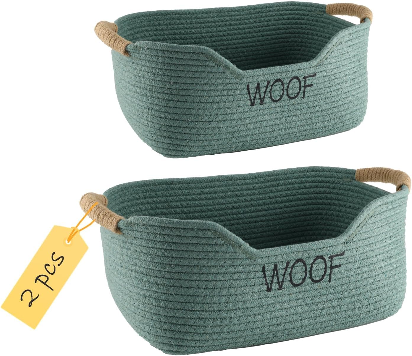 2 Pack Dog Toy Baskets,Pet Rope Basket for Dog Cat Toys,Dog Toy Bin with Handles,Woof Puppy Toy Storage Basket,Puppy Bed,Dog Stuff Organizer for Toys,Collar,Leash,Nursing Supplies-Green