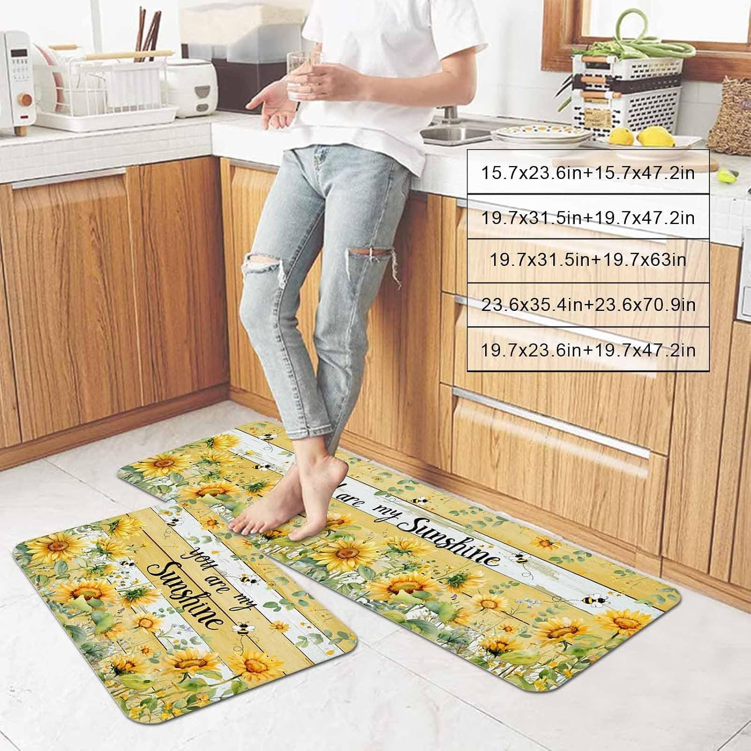 Prime Leader Summer Floral Kitchen Mat Set 2 Pieces Watercolor Sunflower Leaf Bee Yellow Wood Grain Non Slip Kitchen Rugs Washable Runner Rug Mats for Sink Laundry (15.7" x 23.6"+15.7" x 47.2")