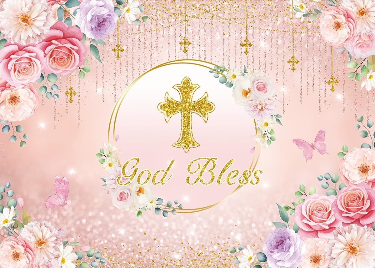 God Bless Pink Floral Backdrop Rose Gold Glitter Cross Girls First Communion Baptism Photography Background Newborn Christening Party Decorations Banner Photo Props (7x5FT)