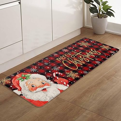 Miniatura 7 de Alfombrillas de cocina de Papá Noel para piso, 2 piezas, diseño de búfalo rojo y negro, antideslizantes, juego de alfombras de cocina lavables,