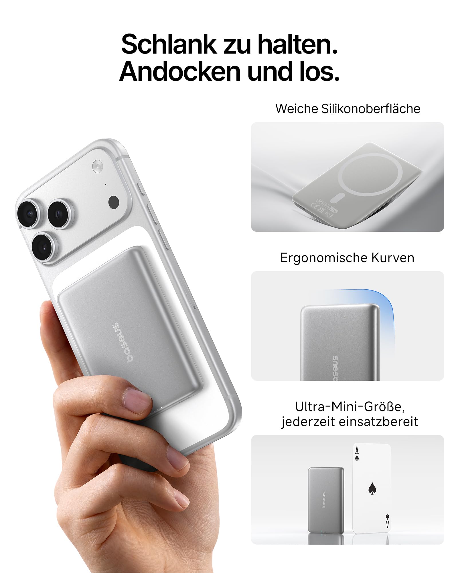 Baseus Picogo AM31 Mini MagSafe Powerbank, Slim 20W Schnellladen 5000mAh Magnetische Powerbank, Wireless Externe Batterie mit USB C Kabel, tragbares Ladegerät, für iPhone 17/16/15/14/13, Titanium