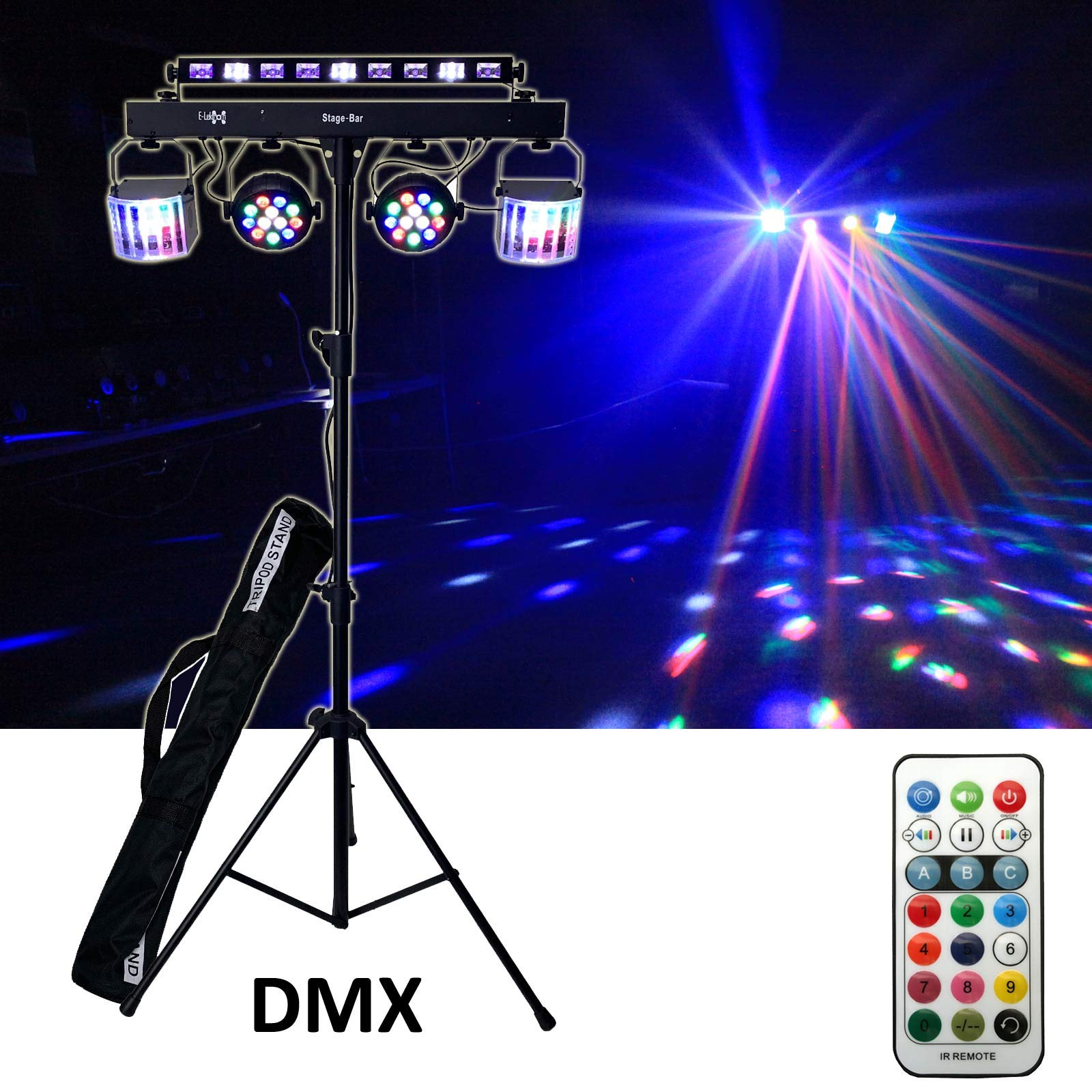 E-Lektron STAGE-BAR 5-fach LED RGBW & UV DMX Lichteffekt Lichtanlage Set mit Stativ, inkl. Tragetasche
