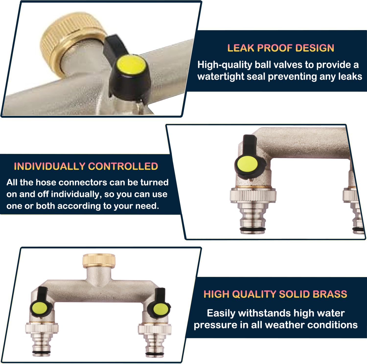 Répartiteur 2 voies : robinet 2 voies distributeur d'eau en laiton pour 2 appareils/tuyaux d'arrosage, distributeur d'eau 2 voies 3/4" avec adaptateur 1/2" pour systèmes d'irrigation et