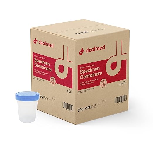 Dealmed Specimen Collection Containers Single Use Urine Specimen Cups, Screw on Leak Resistant Lid, Included ID Label, 4 oz, 100 Count