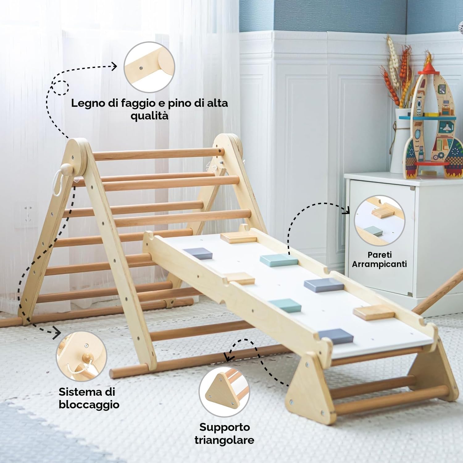 Mamabrum Parco Giochi in Legno con Scaletta e Parete da Arrampicata – Casa Multiattività con 3 Livelli di Regolazione, Triangolo Motorio, Capacità di Carico fino a 50 kg