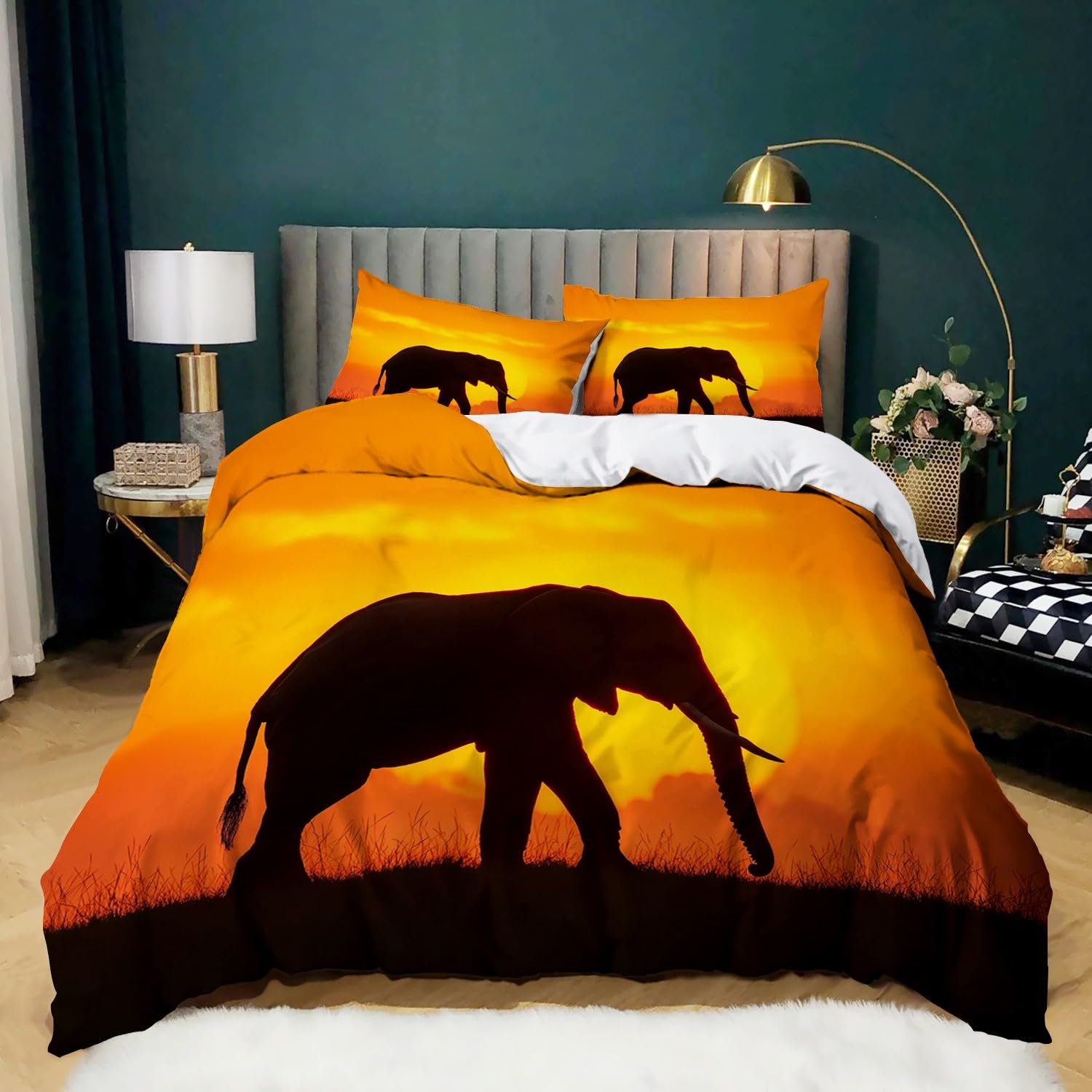 Atardecer Funda Nordica Cama 90 de 3 Piezas Elefante Animal Sabana Juego de Funda Nordica 150x200 cm Suave Transpirable y 2 x Fundas de Almohada de 50x75 para Ropa de Cama Infantil Niño Chico Niña