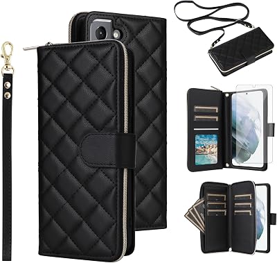 Asuwish Phone Case for Samsung Galaxy S21 5G 6.2 inch Wallet Cover with Tempered Glass Screen Protector Strap Card Holder Slot Stand PU Leather Flip Cell Pocket Zipper S 21 21S G5 Women Girls Black