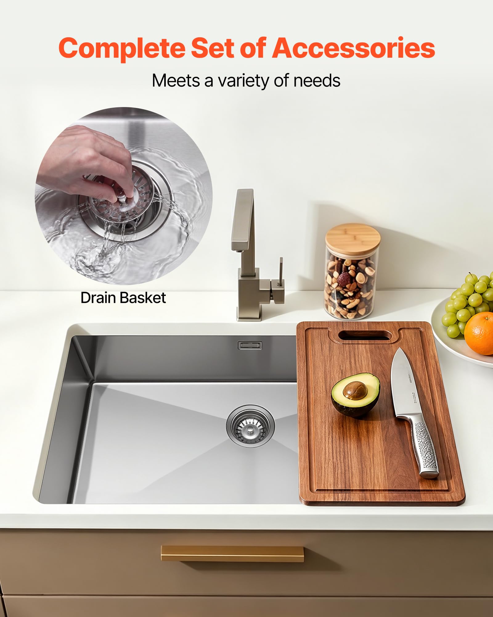 VEVOR Lavello da Incasso per Cucina, Lavello Sotto Banco con Vasca Singola 85 x 45 x 19 cm in Acciaio Inox, Lavandino in Acciaio Inox per Cucina con Foro di Scarico da Preparazione Bar Hotel Camper