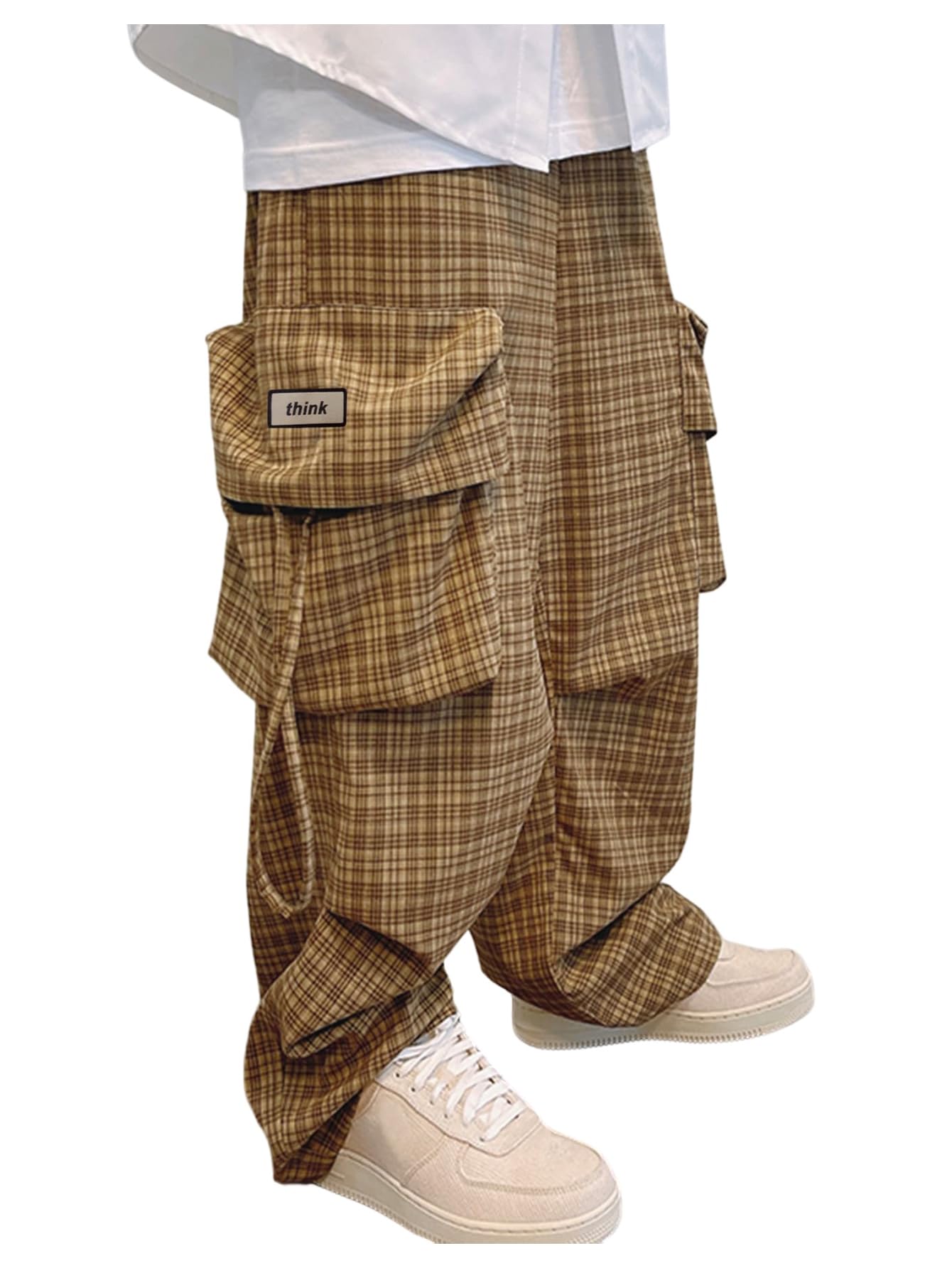 GORGLITTER Mens Gingham Baggy Cargo Pants Drawstring Waist Plaid Wide Leg Trousers Pants with Pockets
