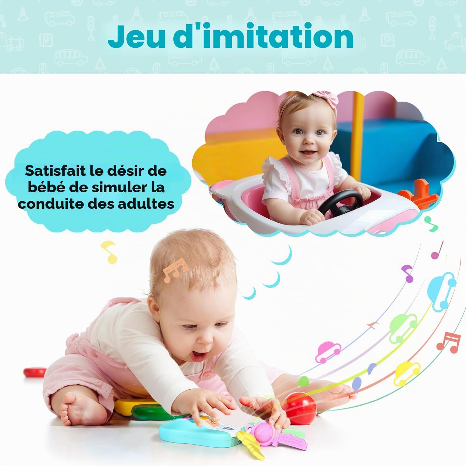 MOMUSE Anneau de Dentition pour Bébé, Jouet de Dentition | 4 Clés de Voiture, Jouet clé en Silicone, Jouets Musicaux Cadeaux de Noël et d'anniversaire pour Bébé 10 12 16 18 Mois