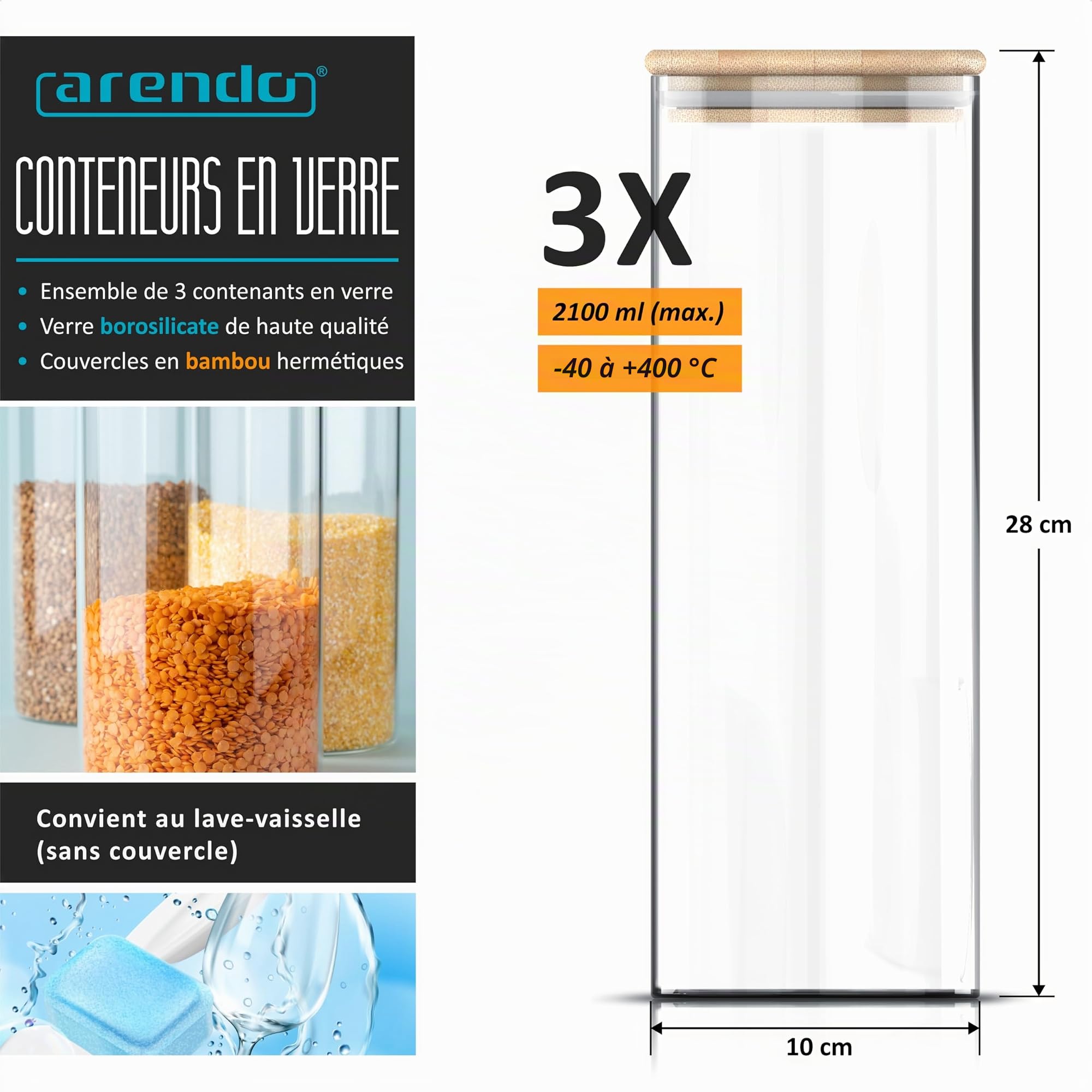 arendo - Set de 3 Récipients en Verre Hermétique Rond, Tailles de 10 x 28 cm / 2,1 litres, Verre borosilicate Boîte Conservation Alimentaire, Couvercle en Bambou, Joint en silicone