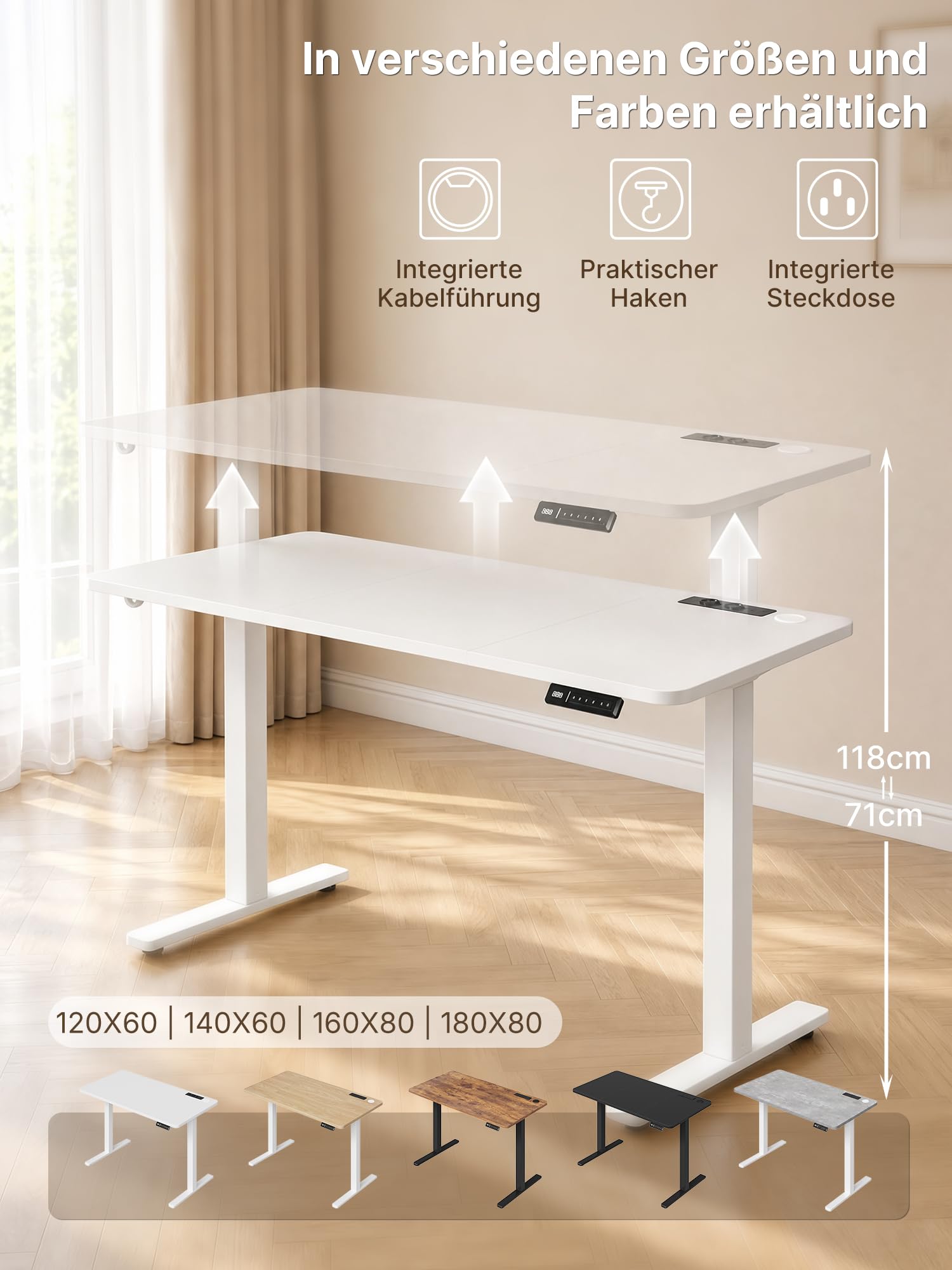 JUMMICO Höhenverstellbarer Schreibtisch 140x70 cm mit Steckdose | Schreibtisch Höhenverstellbar Elektrisch Stehtisch, Steh-Sitz Tisch, Bürotisch Computertisch, Wolkenweiß