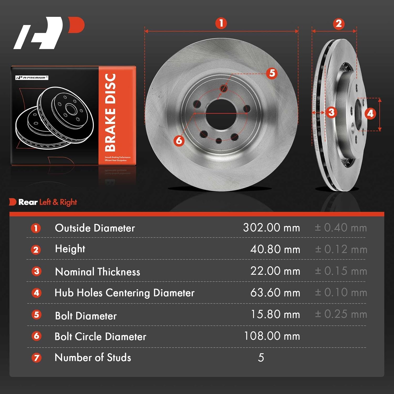 A-Premium 11.89 inch (302mm) Rear Vented Disc Brake Rotors Compatible with Select Volvo models - S60 2011-2018, XC70 2008-2016, S80 2007-2016, V60 2015-2018, V60 Cross Country, V70, 2-PC Set