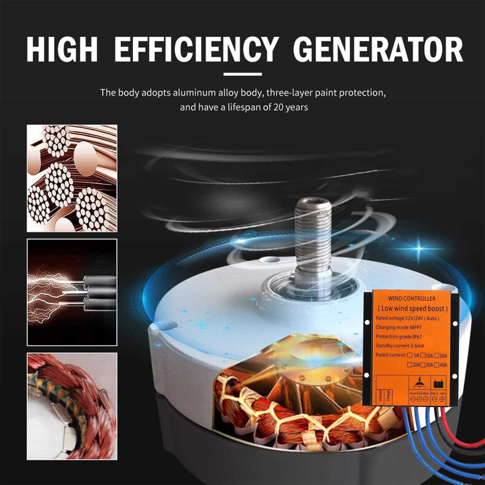 Generador De Turbina EóLica Vertical Free Energy 12000w - 3 Palas 12v 24v 48v 300rpm Generador De Turbinas EóLicas Sin Ruido con Controlador para FáBrica DoméStica,12v