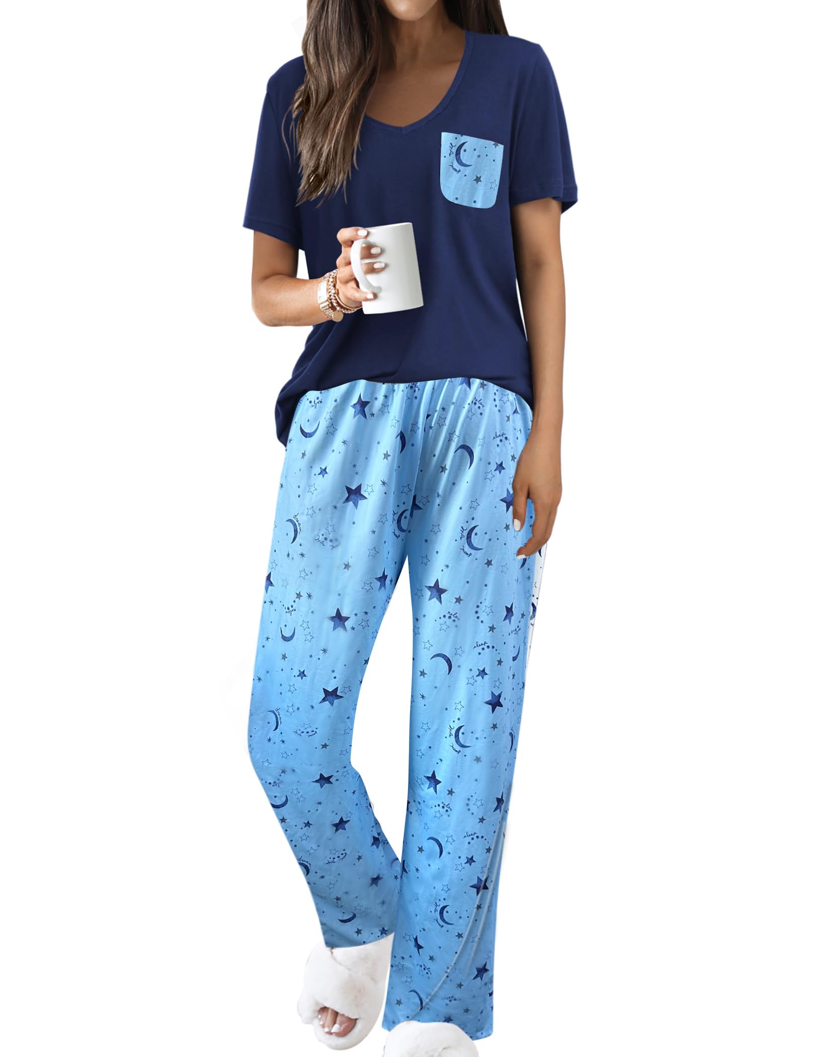 Famulily Schlafanzug Damen Kurzarm Zweiteilige Sommer Outfits V-Ausschnitt Loungewear Tops und Loose Fit Wide Leg Printed Hose mit Taschen S-XXL