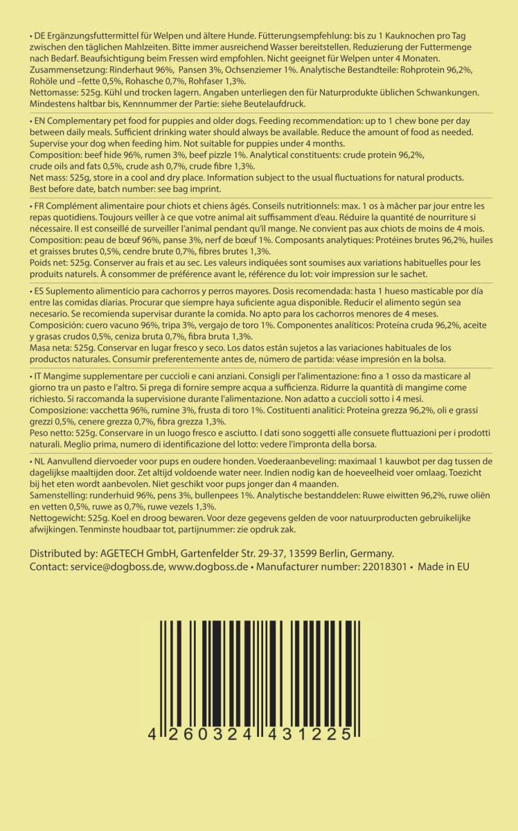Ossa da masticare DOGBOSS a base di ingredienti naturali al 100% per i cuccioli a partire dalla 16° settimana della vita e cani anziani in varie dimensioni e gusti (5 con rumine, 17 cm)