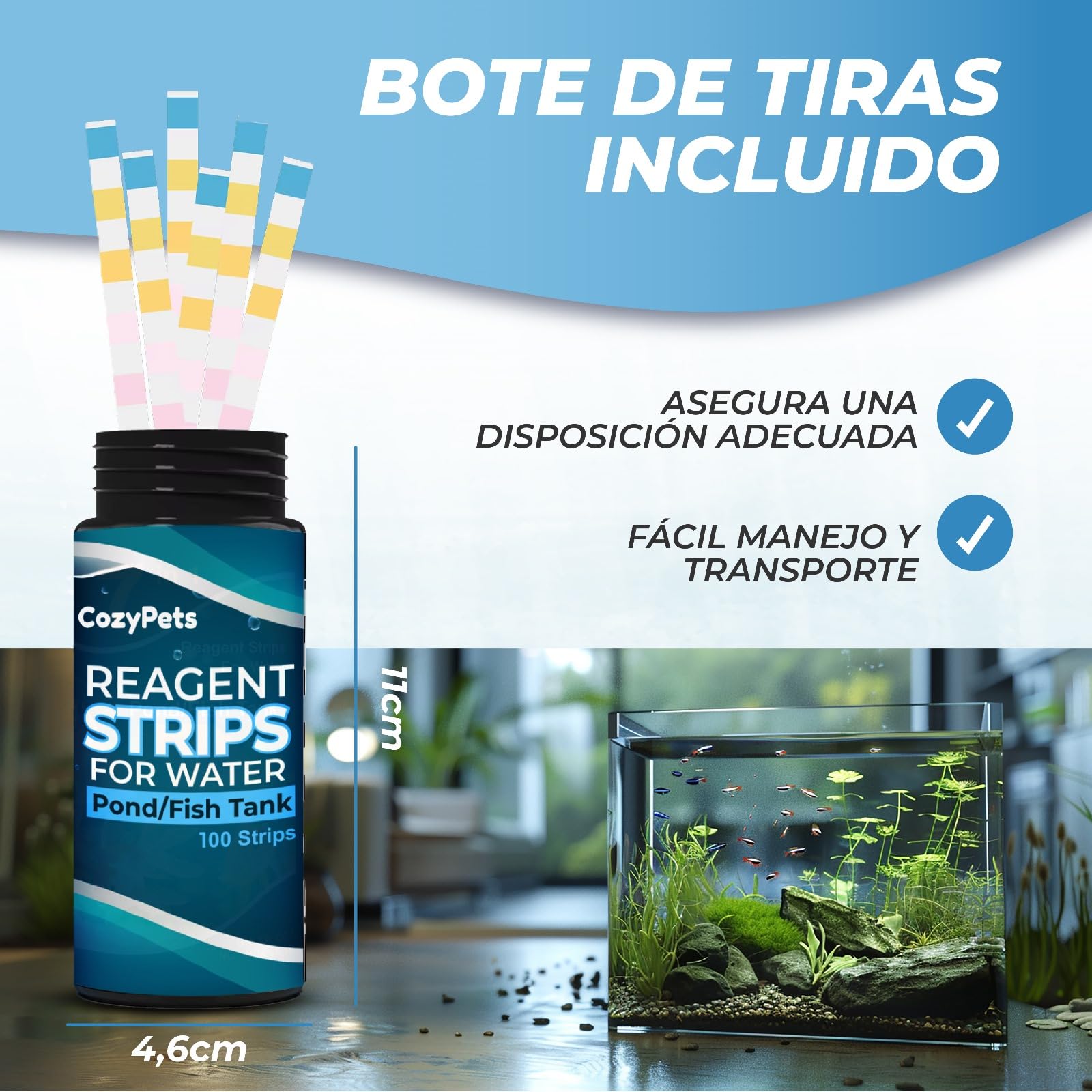 100 Tiras Reactivas 7 en 1 para Control del Agua Dulce del Acuario – Medición de 7 Parámetros con Bote de Regalo para Tiras Usadas. Set acuario