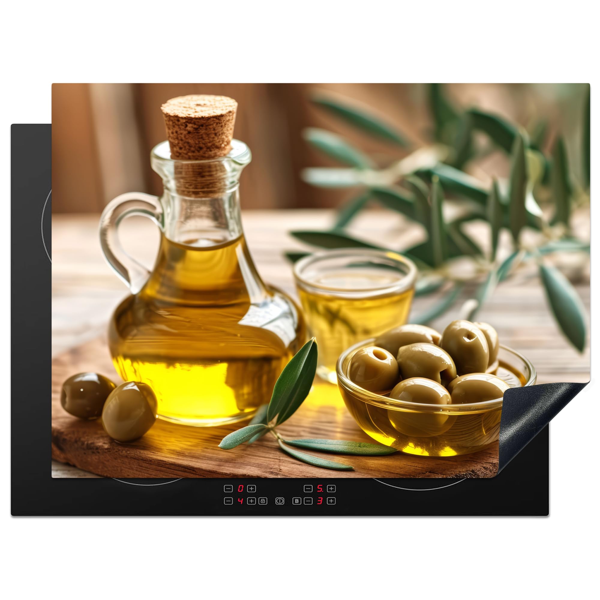 KitchenYeah© Induction Hob Protector Mat 20.5"x28" / 71x52 cm Stove Cap Top Cover Kitchen Cooker Covers for Electric Hobs Vinyl Olives - Shelf - Olive Oil - Leaves