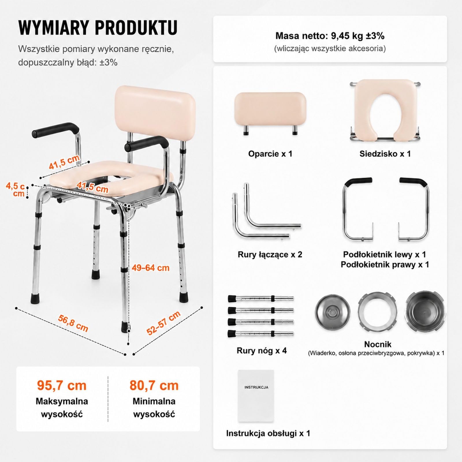 Krzesło toaletowe z wyściełanym siedziskiem, składanymi podłokietnikami i wyjmowanym wiadrem do łazienki oraz sypialni