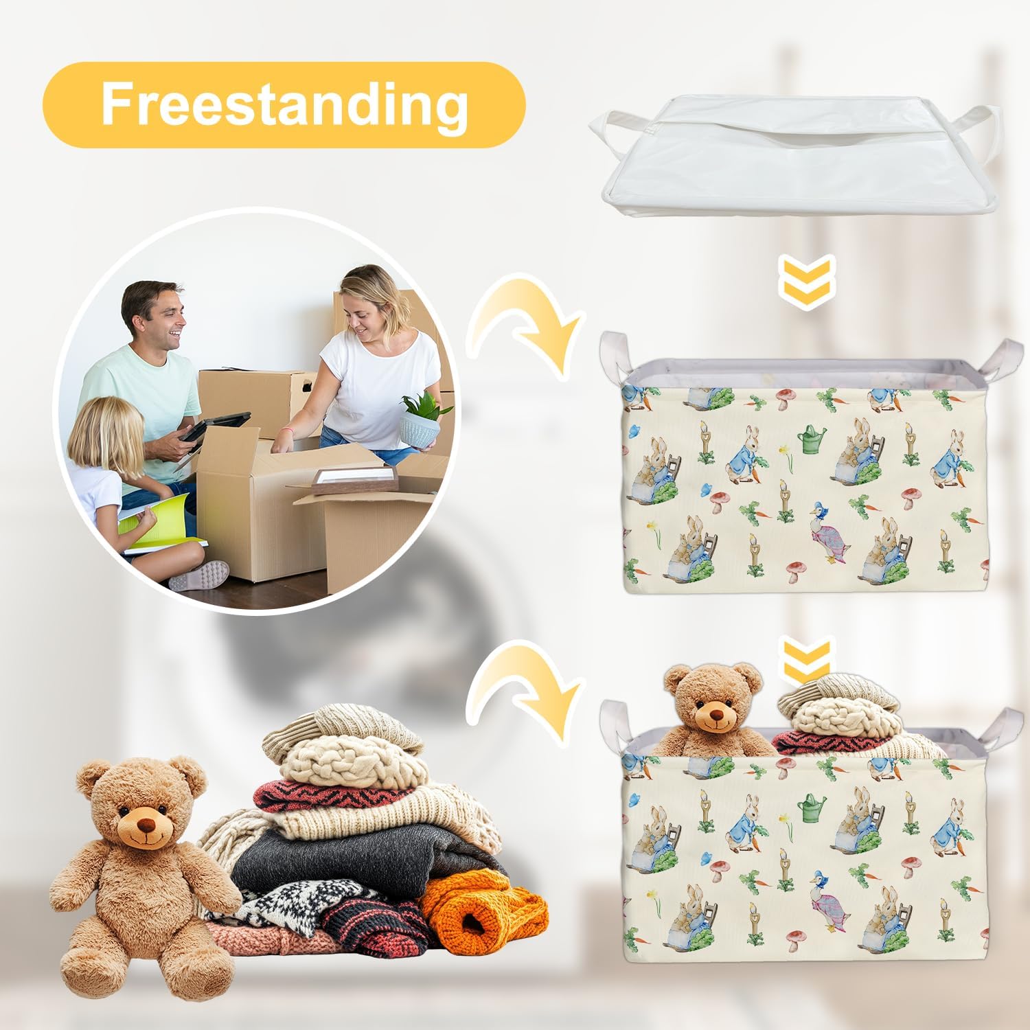 Rabbit Foldable Handle Storage Basket, Waterproof Organizer for Nursery, Bunny Square Toys Bin, Rectangular Book Box, Versatile Clothes Container, Gift Hamper for Girls and Boys Home Decor - Image 3