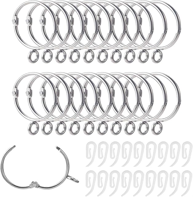Curtain Rings and Hooks, 20pcs 32mm Internal Diameter Silver Curtain Ring Metal & with Curtain Hooks, Loose Leaf Ring - Easy to Open/Close, Rail for Hanging Rings Curtains and Pole rail (Silver)