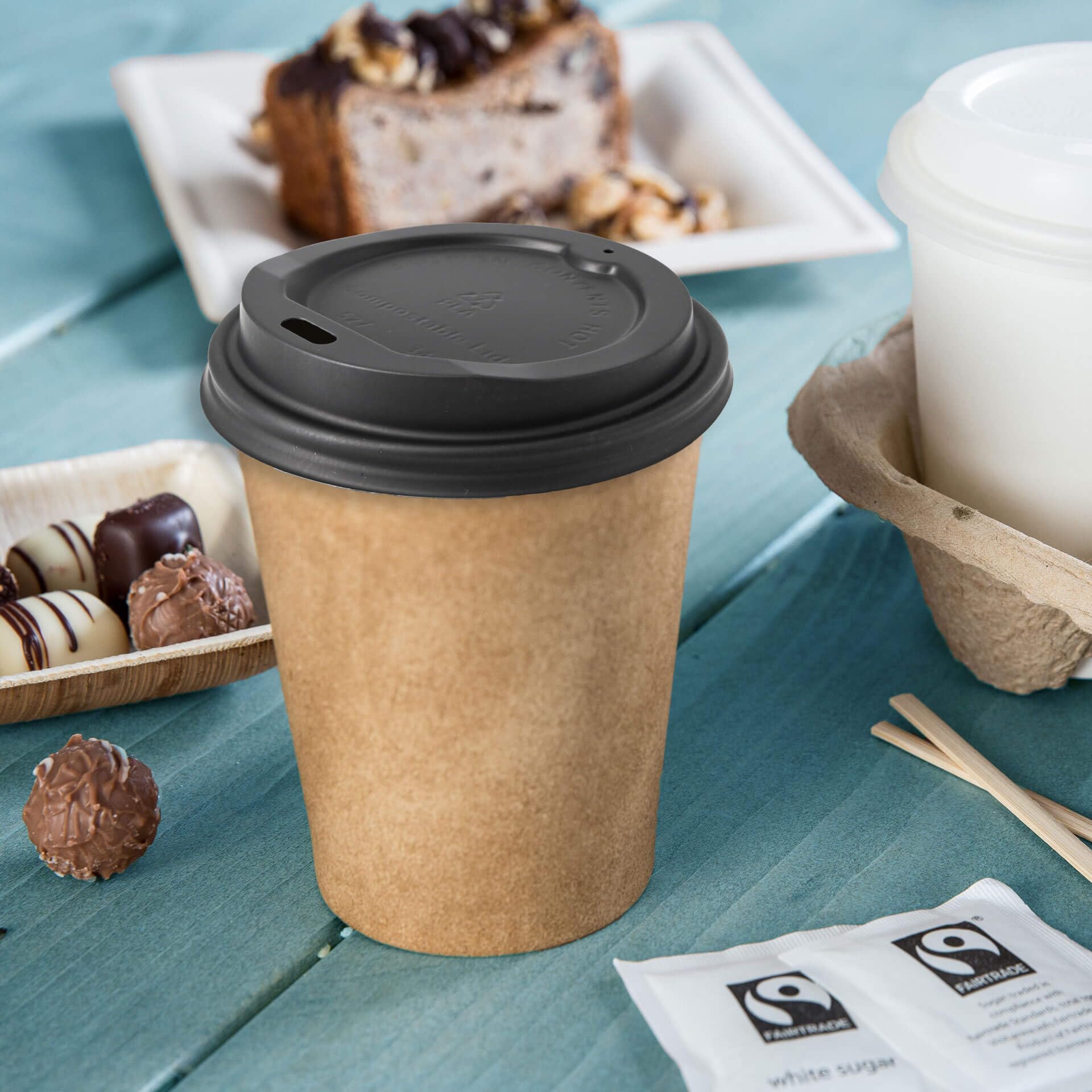 BIOZOYG Coperchio per Bicchiere Caffè da Asporto Ø 80mm I 1000 Coperchi per Bicchieri di Carta di Bioplastica CPLA 100% biodegradabile, compostabile, riciclabile I Coperchio con Foro piatto nero