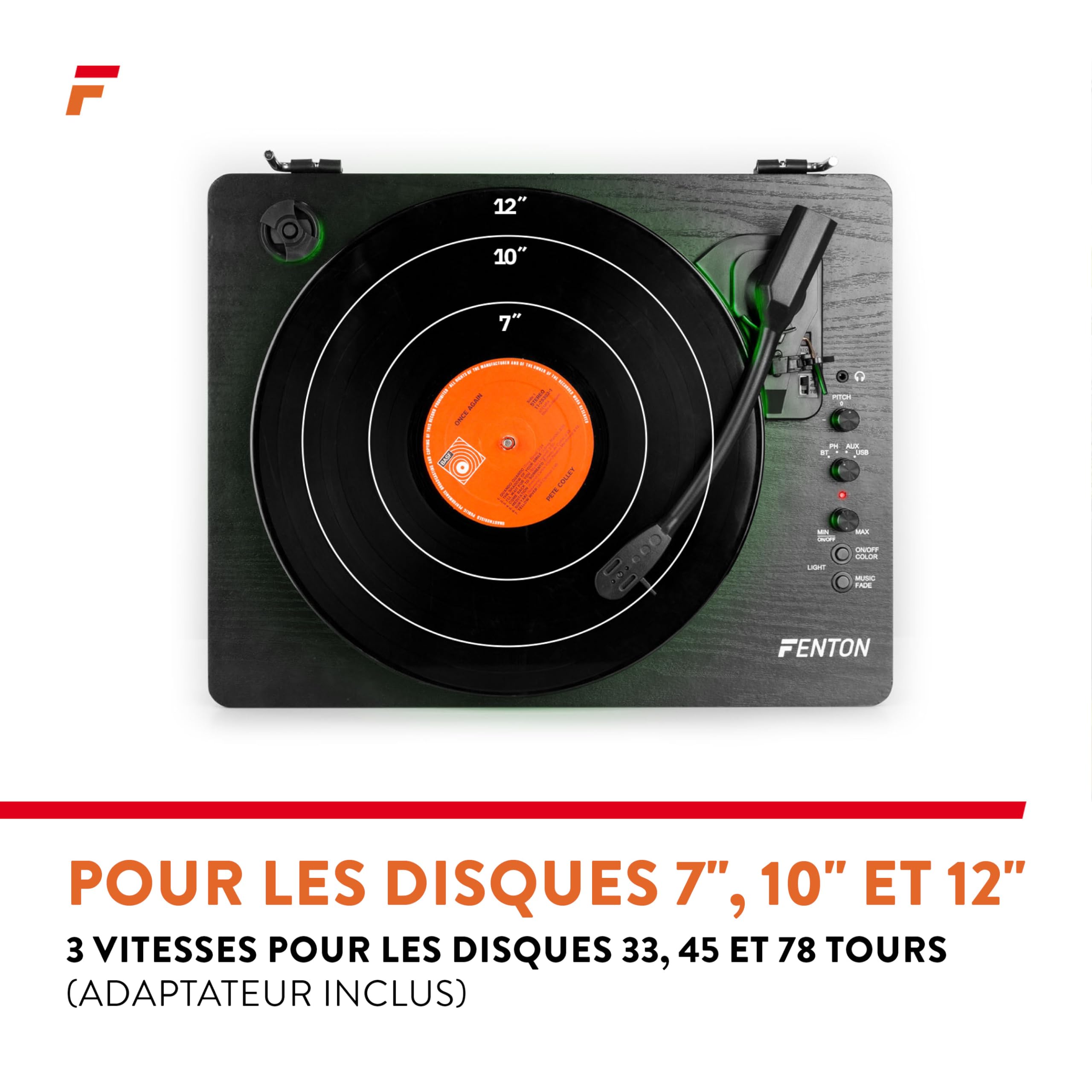 Fenton RP162LED Platine Vinyle LED BT avec Haut-Parleurs Intégrés - Noir, Lecture 33, 45 et 78 Tours, Émetteur & Récepteur BLT, Une Platine Moderne et Déco avec Son Plateau LED