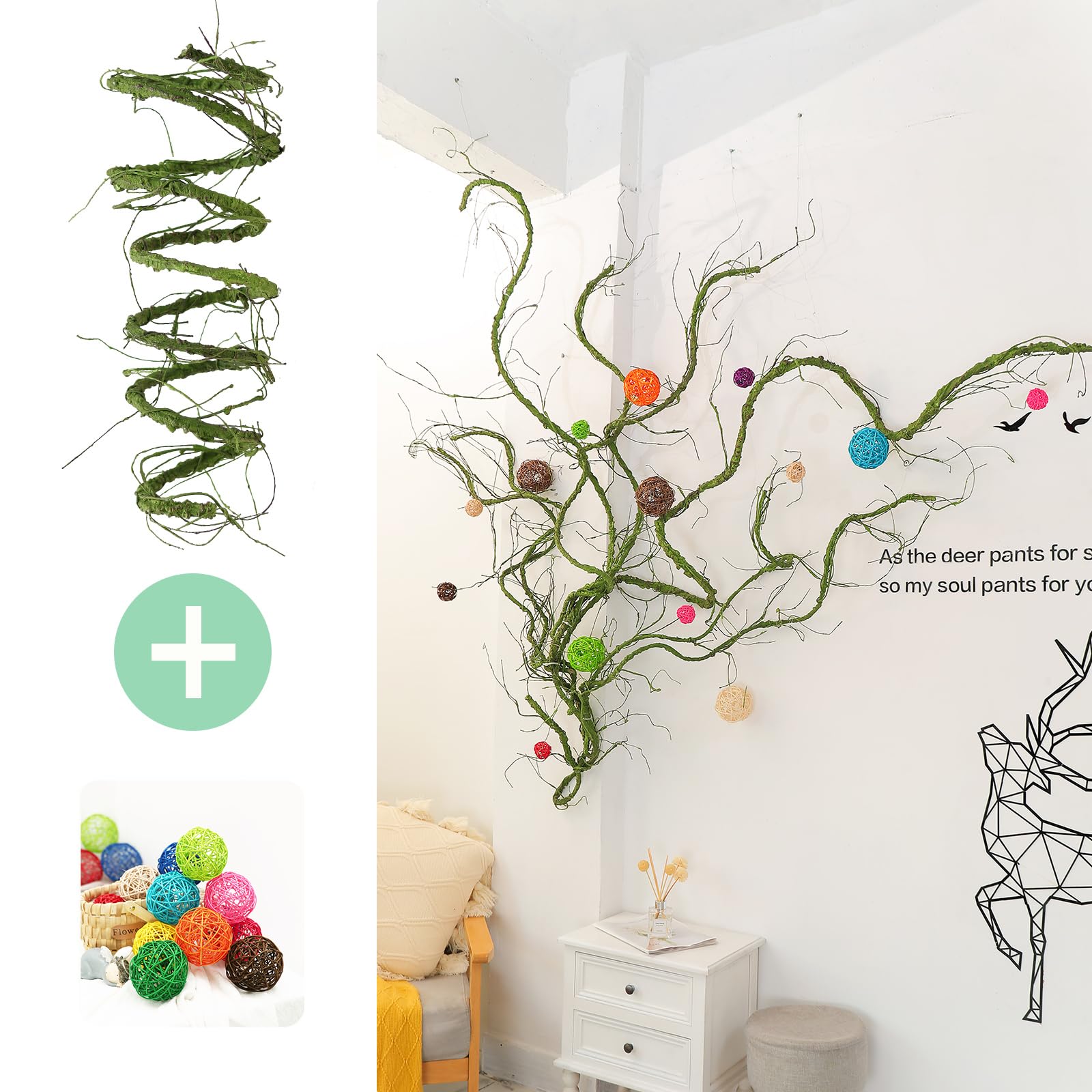 3m Guirlande d'osier Artificielle Flexible imitant Un Tronc d'arbre, ornée de Fleurs de Cerisier et de Vigne. Idéale pour décoration Murale, Porte d'entrée ou Terrarium pour Reptiles. (Vert)