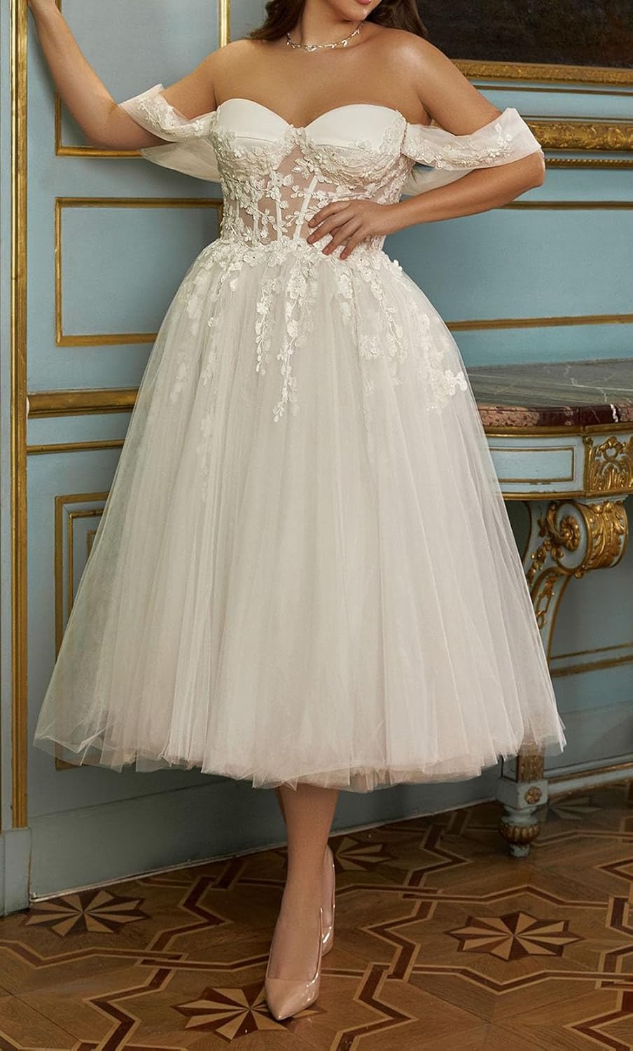 Mouccy Women's Lace Short Wedding Dresses for Bride Off Shoulder Tulle Bridal Gowns Tea Length Wedding Gown with Appliques