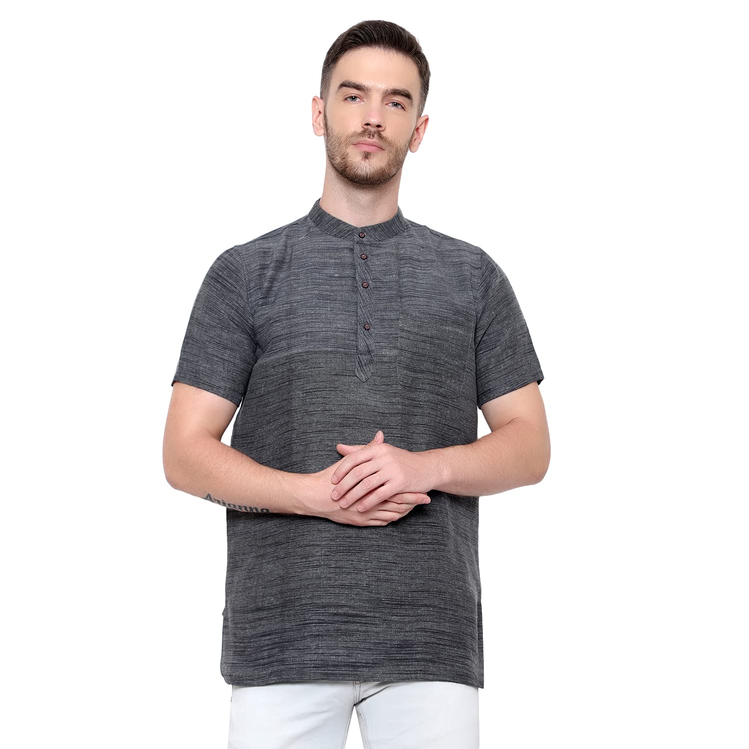 latestplus apparel LatestPlus Men's Cotton Blend Fabric Solid Half Sleeve Short Kurta | LPA-SK-DK-P-picture-16