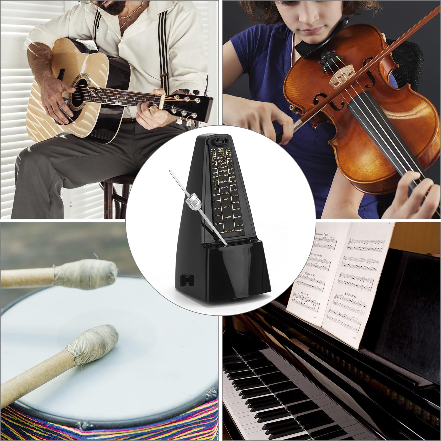 QWORK® Metronomo meccanico con campana, volume, regolazione della velocità, per pianoforte, chitarra elettrica, basso, violino, batteria