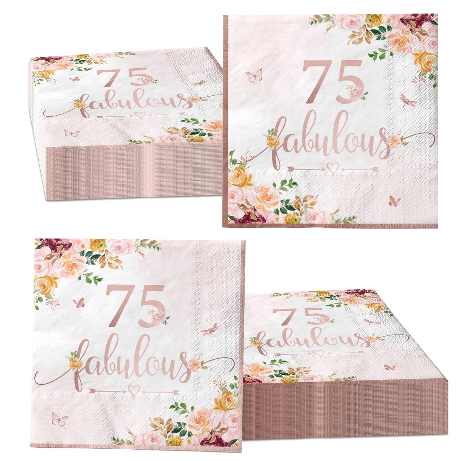 40Pieces 75th Falulous Paper Napkin - Rose Gold Party Supplies Disposable Rose Gold Floral Theme Napkins for Women 75th Birthday,Anniversary Wedding