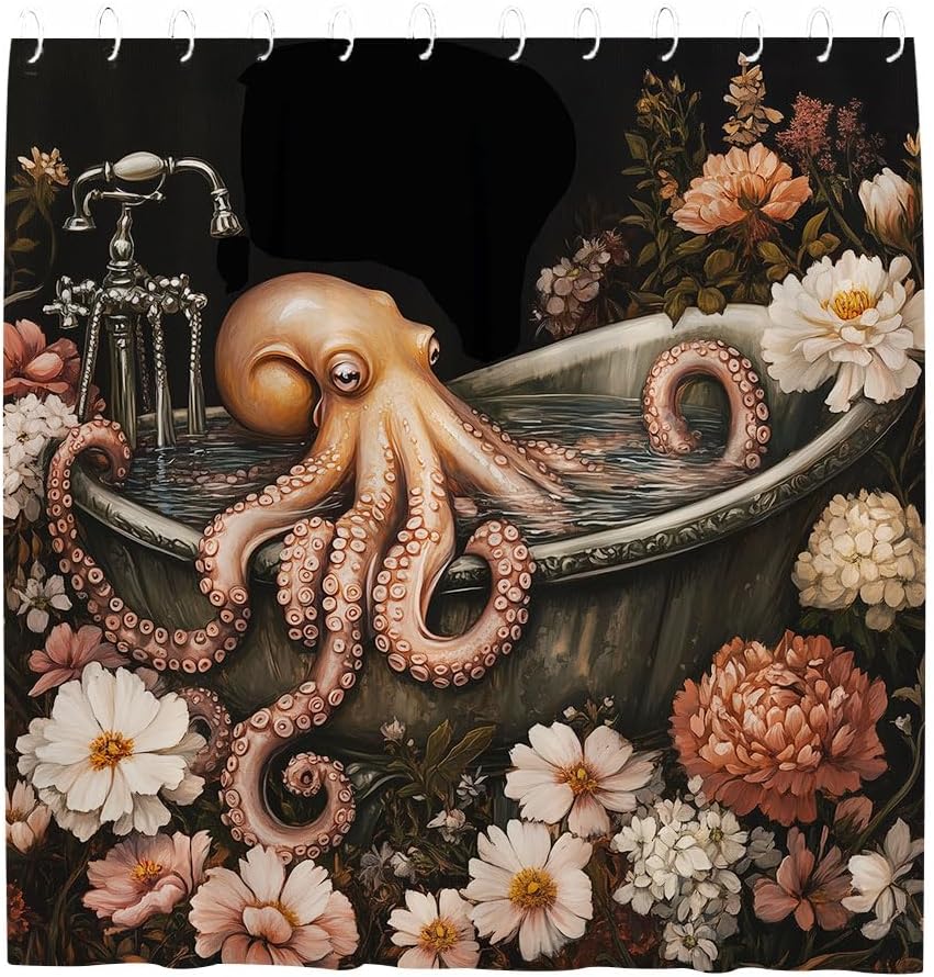 Octopus Shower Curtain Abstract Peony Art Floral Bathtub Watercolour Black Background Animal Bathroom Decoration Polyester Waterproof Machine Washable with Hooks