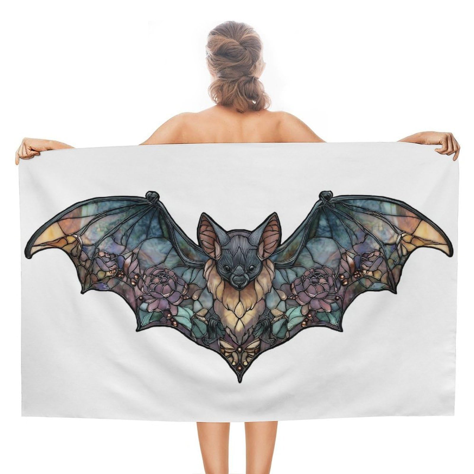 LSRCPD Stained Glass Black Flower Bat Beach Towel Sand Free Microfiber Large Shower Towels Multipurpose Absorbent for Bathroom Pool 130x80 CM