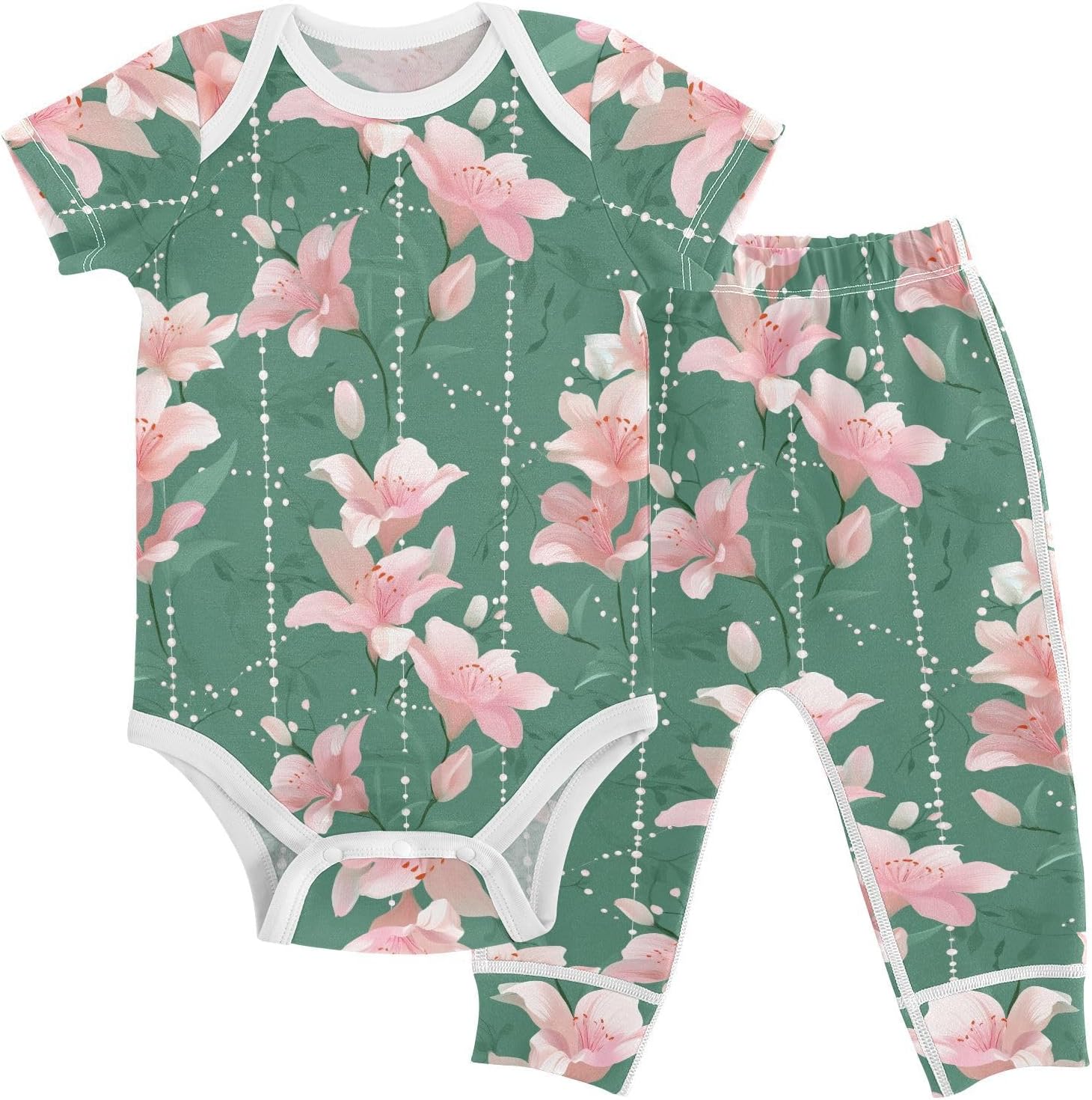 vvfelixl Baby Clothes Soft Pink Lily Vine Baby Bodysuits Set Unisex Short Sleeve Babys Pants Sets 0-3M