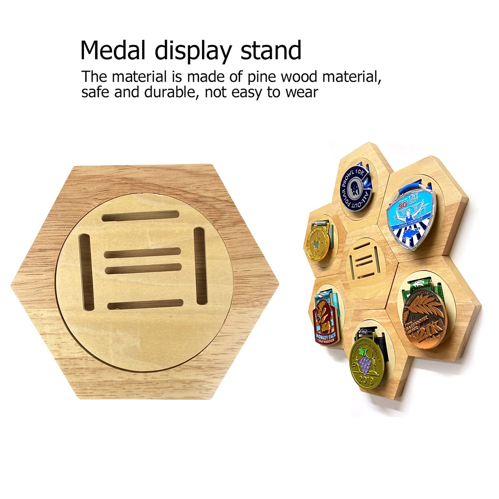 RGW Wieszak na medal, stojak ekspozycyjny, drewniana dekoracja, sześciokątny uchwyt na medal o strukturze plastra miodu, etui na medale sportowe, lekkoatletyka, spartańskie, wyścigi, bieganie,