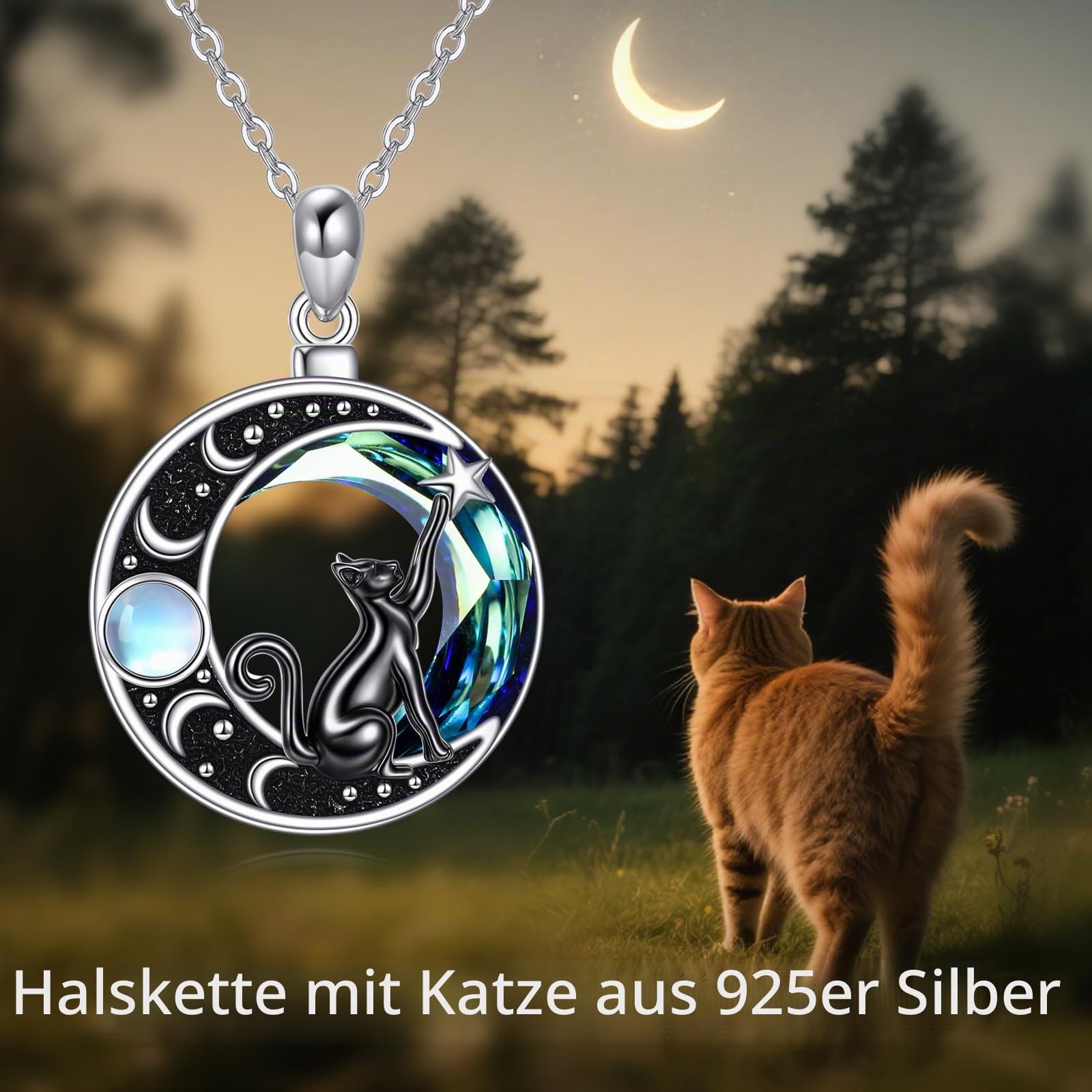 JERWLI Katzen-Halskette mit Mond 925er Sterlingsilber Katzen-Kristall-Halskette Mondstein-Schmuck Weihnachts- und Valentinstagsgeschenke für Frauen