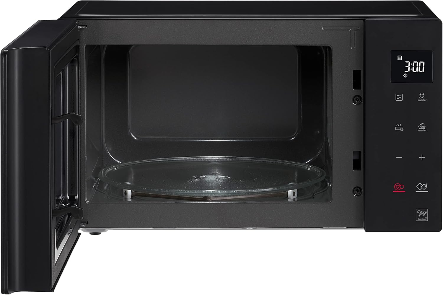 LG MS 2336 GIB Microwave Oven with door open, showing interior and control panel