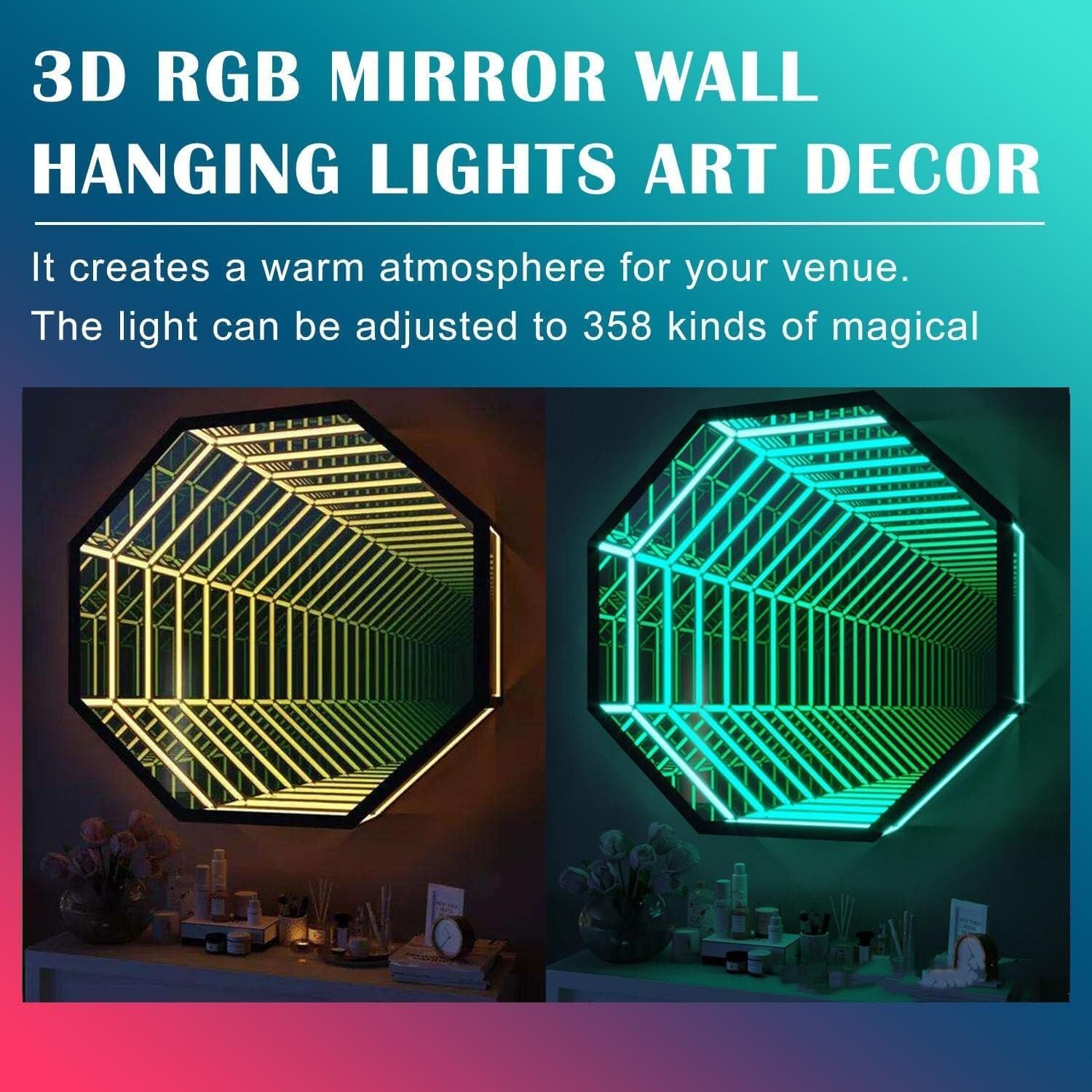 LED Infinity Mirror Tunnel Lamp,3D Mirror Tunnel Light with Remote 358 Magical Multi Color Changing Light,RGB Color-Changing Tunnel Light(E,50cm/19.7")