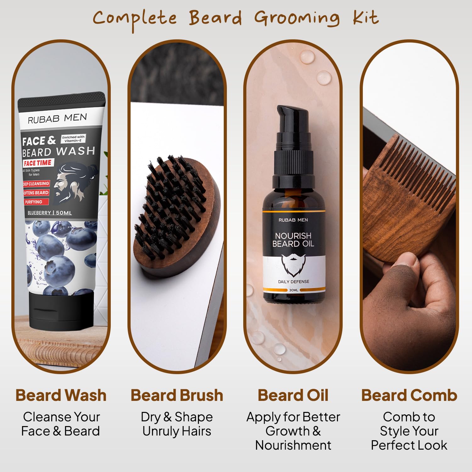 RUBAB MEN Complete Beard Grooming Kit of 4| Beard Brush, Oil, Wash & Comb 1