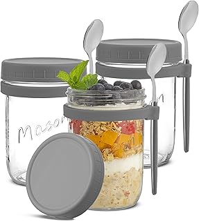 JoyJolt 3-Pack Overnight Oats Containers with Lids and Spoons Set, 16 oz Mason Jars for Overnight Oats, Chia Pudding Jars ...
