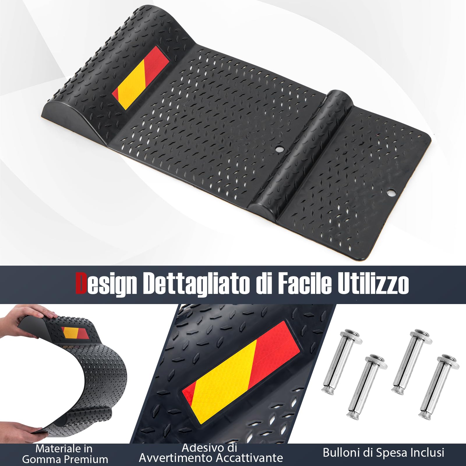 COSTWAY 2 Pezzi Tappeto Ferma Ruote, Set di Fermaruote per Parcheggio con Striscia di Avvertimento, Superficie Antiscivolo, 53 x 25,5 x 5 cm