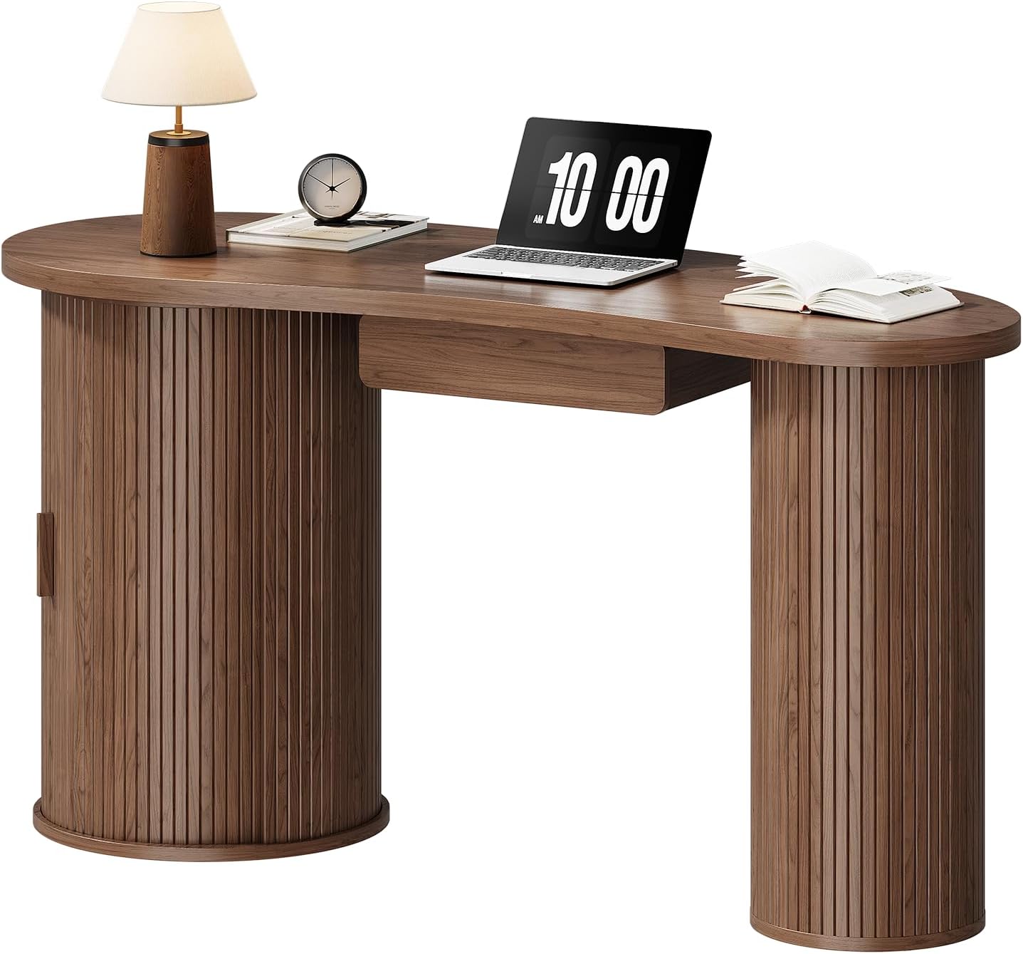 ONBRILL 59 Inches Fluted Office Desk with Storge, Bean-Shaped Computer Desk with Drawer, Mid-Century Modern Curved Corner Desk with Sliding Door for Work and Study,Walnut