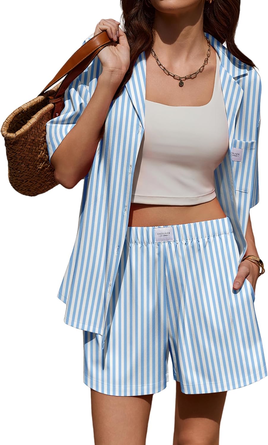 Ekouaer Two Piece Sets for Women Summer Y2K Shirt and Shorts Beach Vacation Cruise Outfits Travel Sweatsuits Lounge Set Blue White Stripe S