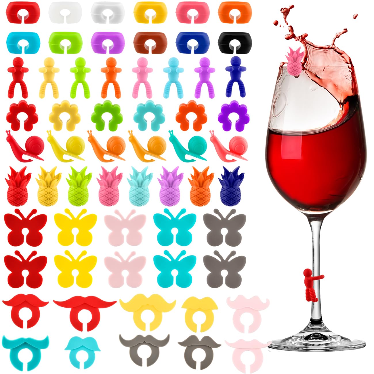 60 Piezas Marcadores de Copas de Vino, Silicona Identificadores y Adornos para Vasos, Reutilizable para Champán y Cóctel en Fiestas de Navidad