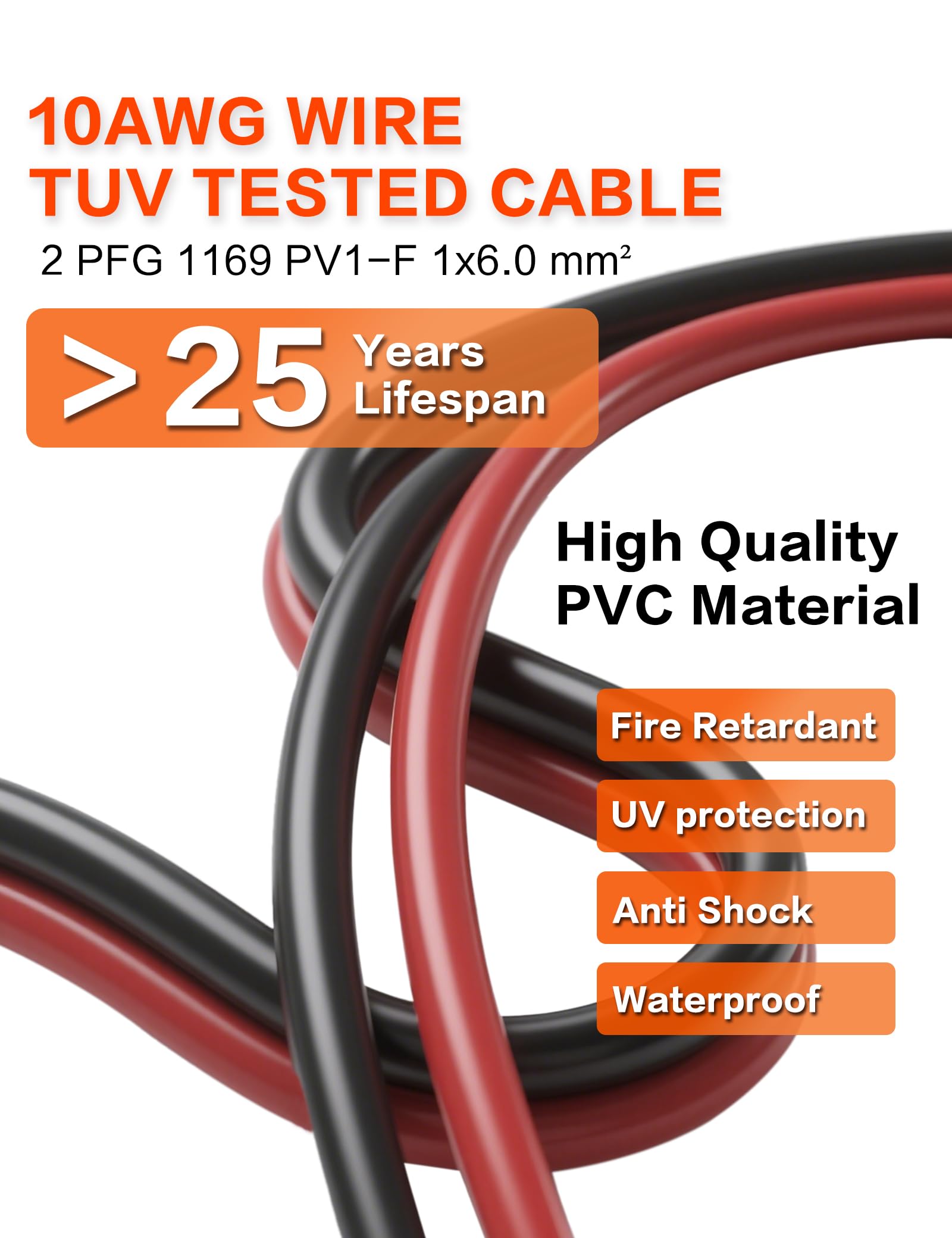 Cavo di prolunga solare da 6 m da 10 AWG con connettori femmina e maschio da 6 mm, fili resistenti alle intemperie per pannelli solari, camper, traghetti, camper, traghetti, nero e rosso, kit di