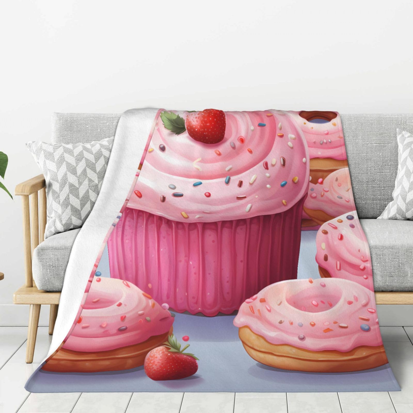 Pink Donut and Cupcake Throw Blanket Plush Flannel Fleece Blanket, Soft Lightweight Cozy Blankets 80"X60" for Bed Couch Sofa Travel