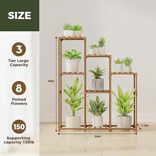 Miniatura 6 de Bamworld Soporte alto para plantas, estante de madera para plantas de interior, estante escalonado para múltiples plantas, 5 niveles, 7 macetas,