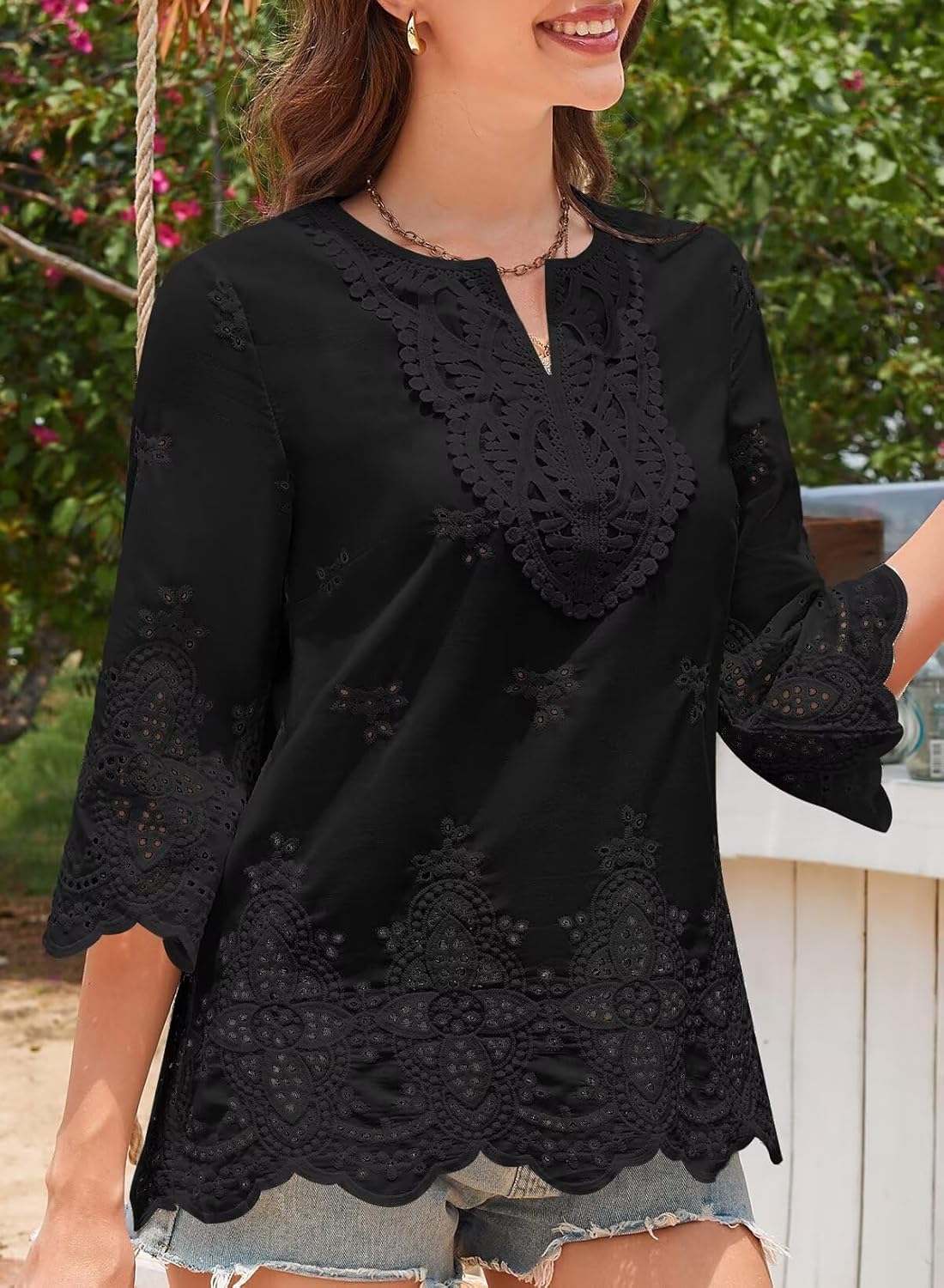 Womens Tops 3/4 Length Sleeve Eyelet Blouse Peasant Flowy Boho Top Hollow Out Embroidered Notch V Neck Shirts - Image 3