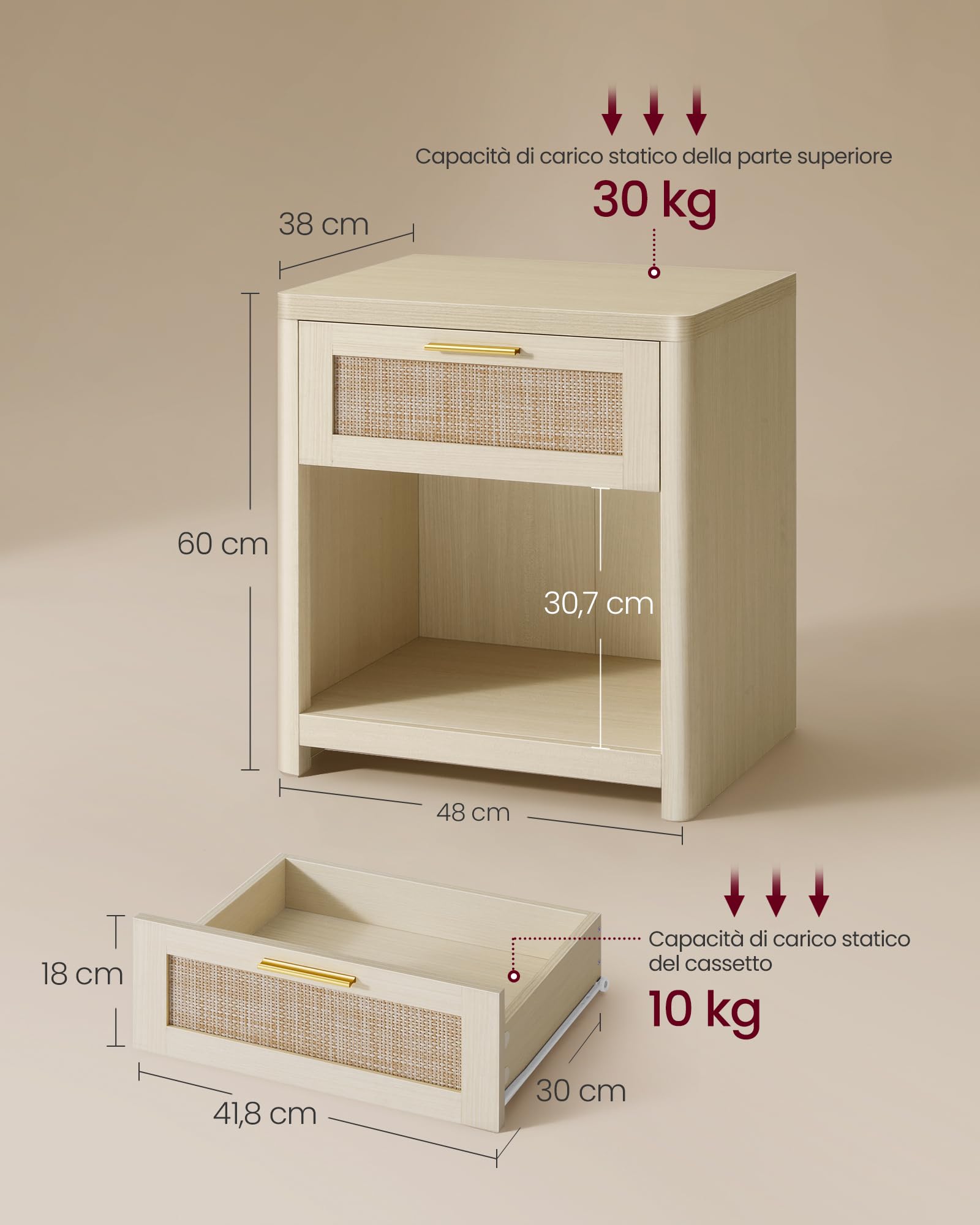 VASAGLE ELLAN Collezione - Comodini Boho con Cassetto Effetto Rattan, Set di 2, Tavolini con Scomparto Aperto, Angoli Arrotondati, Camera da Letto, Beige Naturale LET818LC01